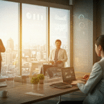 Business consultants discussing strategy and management in a modern office
