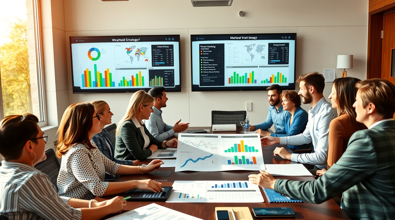 Business advisors discussing growth strategy in a corporate meeting